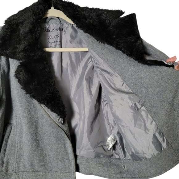 Aeropostale Womens Y2K Gray Wool Blend Coat Jacket XL Faux Fur Lined Collar - Picture 6 of 9